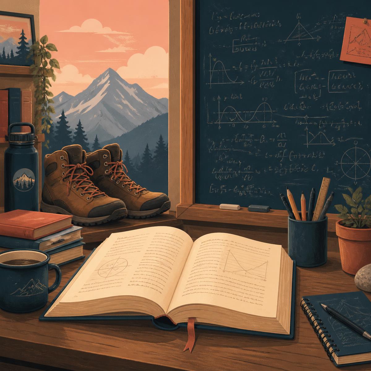 Scrivania con libro aperto, lavagna con formule di matematica e scarponi da montagna